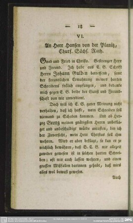 VI. An Herr Hansen von der Planitz, Churf. Sächs. Rath
