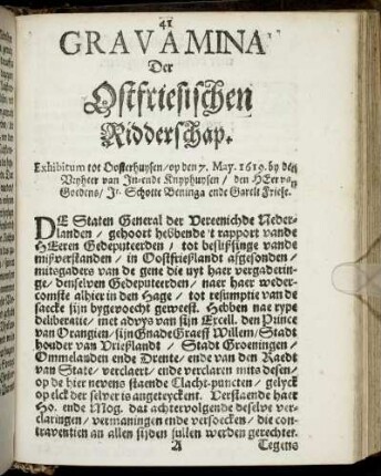 Gravamina Der Ostfriesischen Ridderschap.