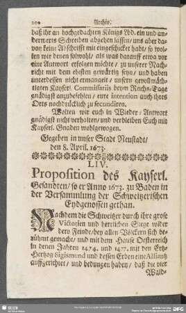LIV. Proposition des Kayserl. Gesandten, so er Anno 1673. zu Baden in der Versammlung der Schweitzerischen Eydgenossen gethan