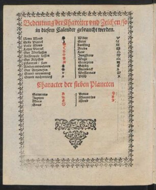Bedeutung der Character und Zeichen/ so in diesem Calender gebraucht werden.