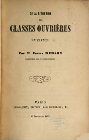 De la situation des classes ouvrières en France