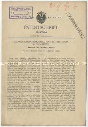Patentschrift einer Bremse für Feldbahnen, Patent-Nr. 35594