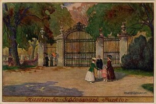 Postkartenalbum mit Motiven von Karlsruhe. "Karlsruhe. Schlosspark. Parktor". Tor im Schlossgarten