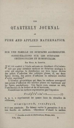 Sur une famille de surfaces algébriques. Considérations sur les surfaces orthogonales et homofocales.