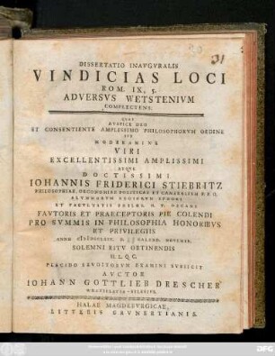 Dissertatio Inavgvralis Vindicias Loci Rom. IX, 5. Adversvs Wetstenivm Complectens