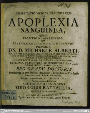 Dissertatio Medica Inauguralis, De Apoplexia Sanguinea
