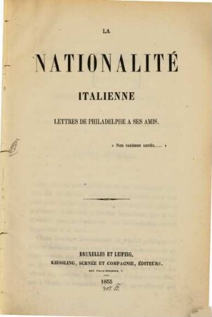 La Nationalité Italienne : Lettres de Philadelphe a ses amis