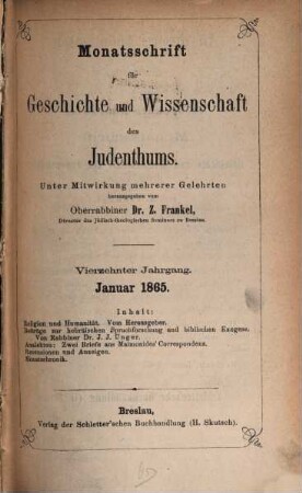 Monatsschrift für Geschichte und Wissenschaft des Judentums. 14, 14. 1865