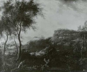 Waldige Berglandschaft mit einem Jäger