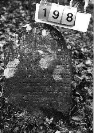 Grabstein 198 (Index: 99752068) Material: Sandstein Zustand: stark verwittert mit großem Textverlust Maße HxBxT: 64x45x16 cm Beschreibung: Stele, eingezogener Rundbogenabschluß: Grabstein 198