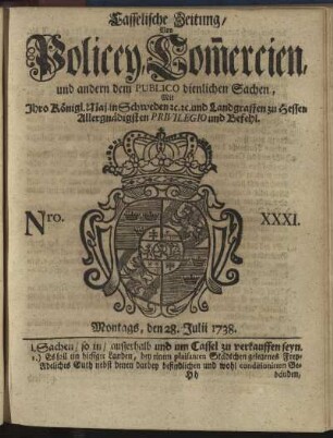 Nro. XXXI, Montags, den 28. Julii 1738