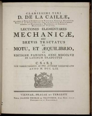 Lectiones elementares mechanicae, seu brevis tractatus de motu, et aequilibrio