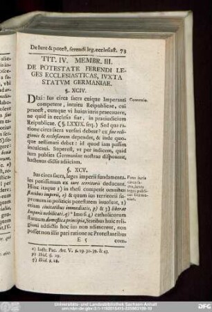 Tit. IV. Membr. III. De Potestate Ferendi Leges Ecclesiasticas, Iuxta Statum Germaniae.