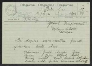 Brief von Joseph Chapiro, Adrienne Chapiro, Franz Werfel, Hedwig Fischer, Samuel Fischer, Brigitte Bermann Fischer, Gottfried Bermann Fischer, Ernst Deutsch, Carola Neher und Unbekannt an Gerhart Hauptmann
