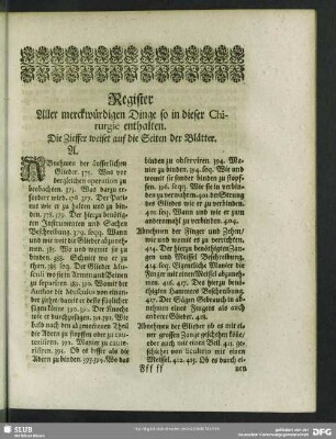 Register Aller merckwürdigen Dinge so in dieser Chirurgie enthalten