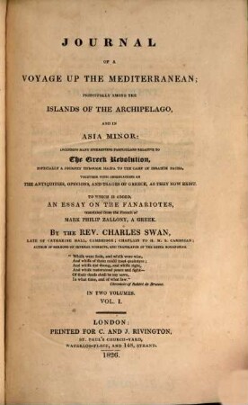 Journal of a voyage up the Mediterranean principally among the islands of the Archipelago, and in Asia Minor : including many interesting particulars relative to the Greek revolution ..., 1