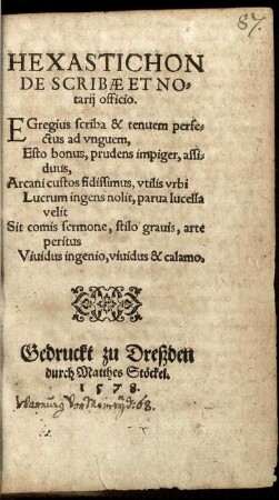 HEXASTICHON DE SCRIBAE ET NOtarii officio.