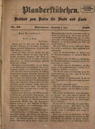 Plauderstübchen : Unterhaltungsblatt zum Kaiserslauterer Boten für Stadt und Land, 1848,7/8