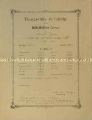 Schulzeugnis der Thomasschule Leipzig für Ernst Heinrich Degen, Klasse IIAa; Michaelis 1886