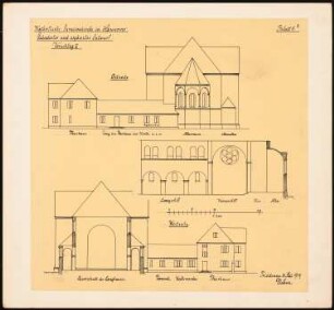 Katholische Garnisonskirche, Hannover: Geänderter und ergänzter Entwurf, Vorschlag II: Ansicht Ostseite, Längsschnitt und Querschnitt 1:200