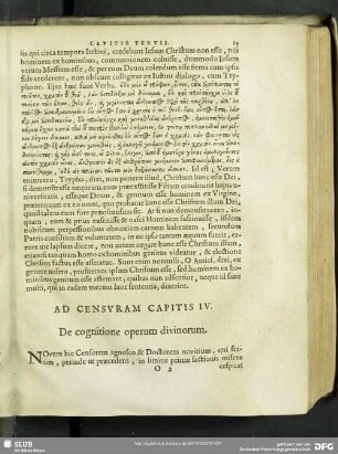Ad Censuram Capitis IV. De cognitione operum divinorum