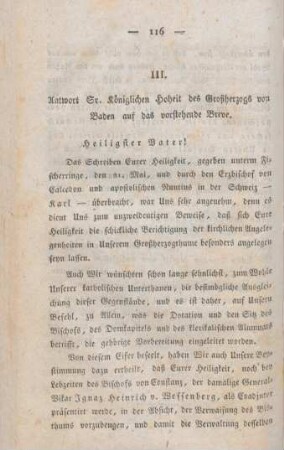 116-119 Antwort Sr. Königl. Hoheit des Großherzogs von Baden auf obiges Breve