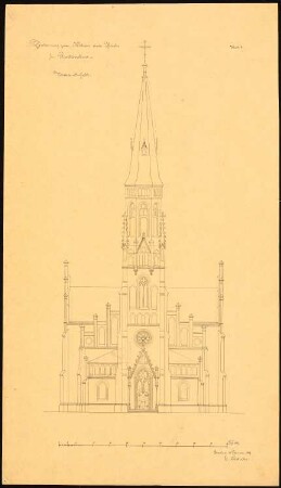 Kirche, Radzionkau: Aufriss Westseite mit Turm, Maßstabsleiste