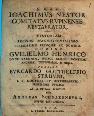 Joachimus Nestor, comitatus Rupinensis restaurator, cuius historiam ...
