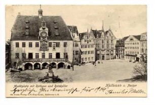 "Marktplatz mit Rathaus und Ratskeller", Robert-Mayer-Denkmal und Marktplatz 9, 10 und 11 (Hotel Falken)