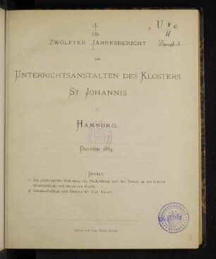 12.1884: Jahresbericht der Unterrichtsanstalten des Klosters St. Johannis zu Hamburg