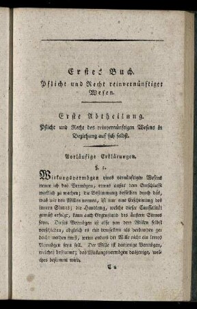 Erste Abtheilung. Pflicht und Recht des reinvernünftigen Wesens in Beziehung auf sich selbst.