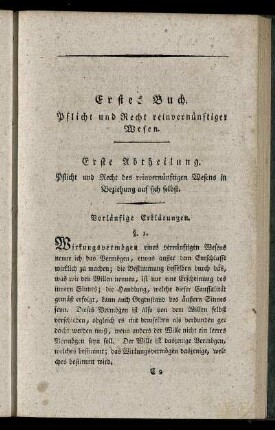 Erste Abtheilung. Pflicht und Recht des reinvernünftigen Wesens in Beziehung auf sich selbst.