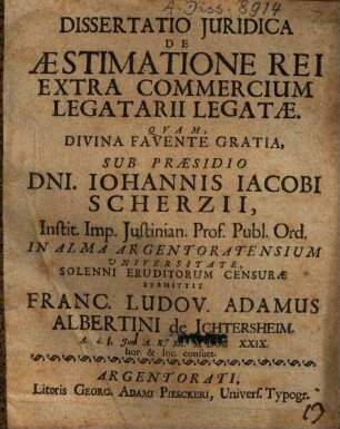 Dissertatio Iuridica De Aestimatione Rei Extra Commercium Legatarii Legatae