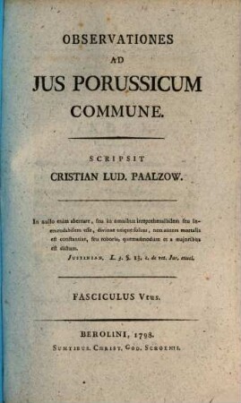 Observationes Ad Jus Porussicum Commune, Fasciculus Vtus