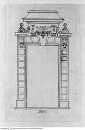 Taccuino, Rustizierte Fensterrahmung mit Voluten und Feston