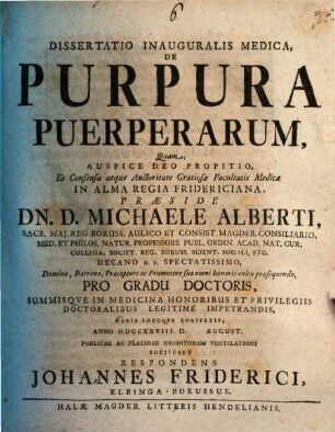 Dissertatio Inauguralis Medica, De Purpura Puerperarum