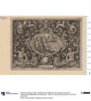 Folge: Querfüllungen: Grottesken auf schwarzem Grunde um mythologische Mittelbilder, mit Unterschriften. Blatt 1 bez: Ioos de Bosscher excude. 1584, die anderen Blatt z. T. bez: A D B (zsgz.) [fecit].