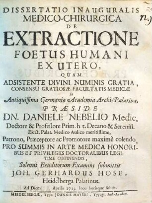 Dissertatio Inauguralis Medico-Chirurgica De Extractione Foetus Humani Ex Utero