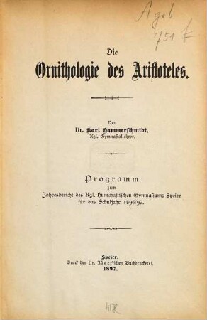 Die Ornithologie des Aristoteles