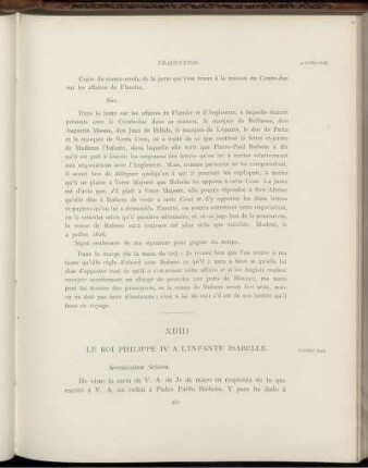 XDIII. Le roi Philippe IV à l'Infante Isabelle. Madrid, 6 juillet 1628