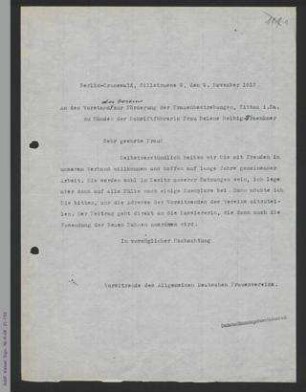 Brief von Helene Lange an den Verein zur Förderung der Frauenbestrebungen - Zittau, z.H. Frau Helene Helbig-Tränkner