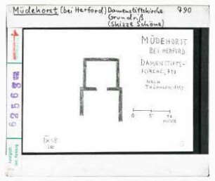 Müdehorst (Niederdornberg-Deppendorf): ehem. Stiftskirche, Ausgegrabene Fundamente der Apsis und des Langhauses, Skizze Schöne 1948 nach Thümmler