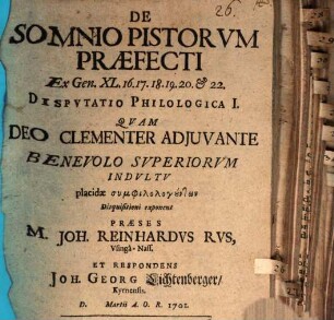 De somnio pistorum praefecti, ex Genes. XL, 16 - 22, Disp. philol. I.