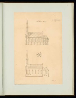 Dorfkirche Monatskonkurrenz Mai 1863: Aufriss Seitenansicht, Längsschnitt; Maßstabsleiste