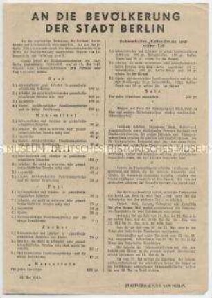 Flugblatt der Alliierten Stadtverwaltung von Berlin zur Versorgung der Bevölkerung mit Lebensmitteln