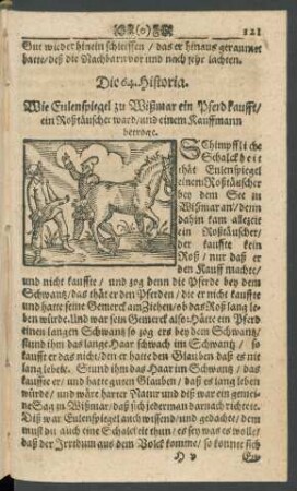 Die 64. Historia. Wie Eulenspiegel zu Wißmar ein Pferd kaufft/ ein Roßtäuscher ward/ und einem Kauffmann betroge