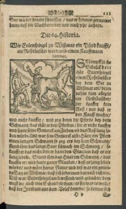 Die 64. Historia. Wie Eulenspiegel zu Wißmar ein Pferd kaufft/ ein Roßtäuscher ward/ und einem Kauffmann betroge