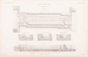 Landwehrkanal, Berlin: Untere Schleuse: Grundriss, Querschnitte, Längsschnitt (aus: Atlas zur Zeitschrift für Bauwesen, hrsg. v. G. Erbkam, Jg. 2, 1852)