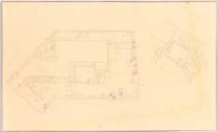 Garten von Borsig, Berlin-Grunewald: Lageplan mit Gartenplan und perspektivische Ansicht (Vogelschau) des Hauses mit Gartenteil an der Terrasse 1:100
