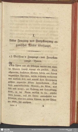 I. Ueber Zeugung und Fortpflanzung organischer Wesen überhaupt
